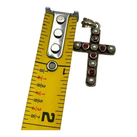 Sterling Silver Nicky Butler Cross Pendant Garnet and Pearl Made In India 1.5" - Picture 4 of 6